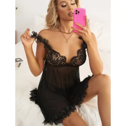 DL Collection Alusvaatteet></noscript>Lace Floral babydoll ja stringit musta
