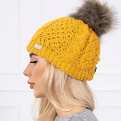 JEANS Talvipäähineet>Neulepipo tupsulla mustard